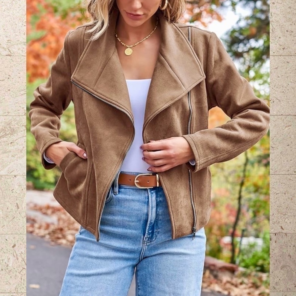 Moto-Style Soft Vegan Suede Lightweight Long Sleeve Jacket-Tan/LG/NWT - Picture 4 of 15